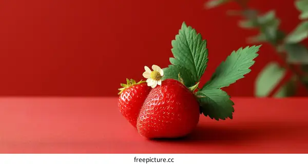 Close-up of Fresh Strawberries with Leaves and Flower