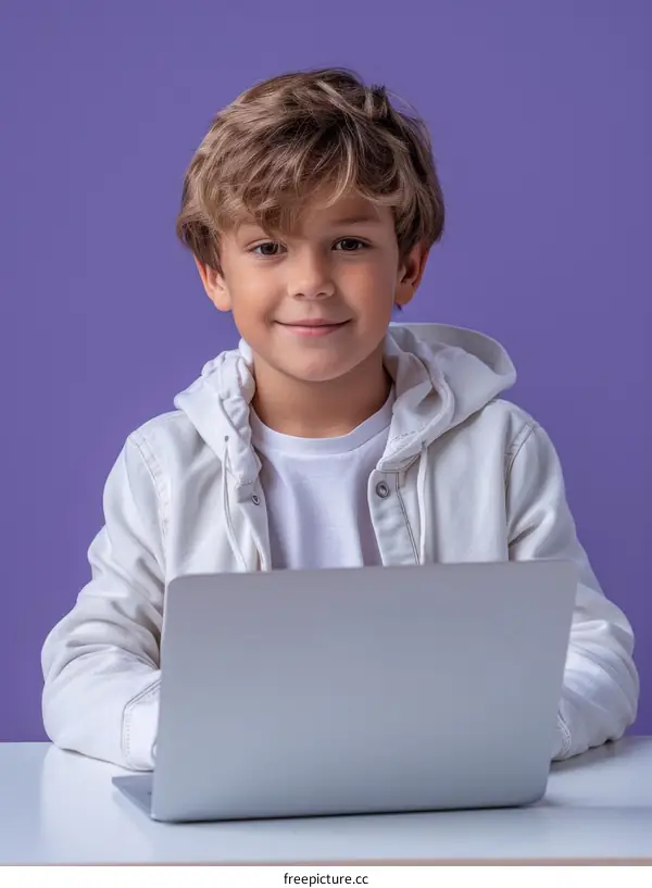 Portrait of a smiling young boy using laptop