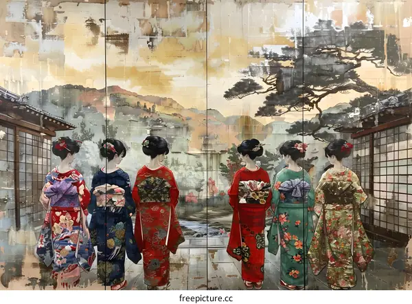 Five Japanese women in traditional kimono