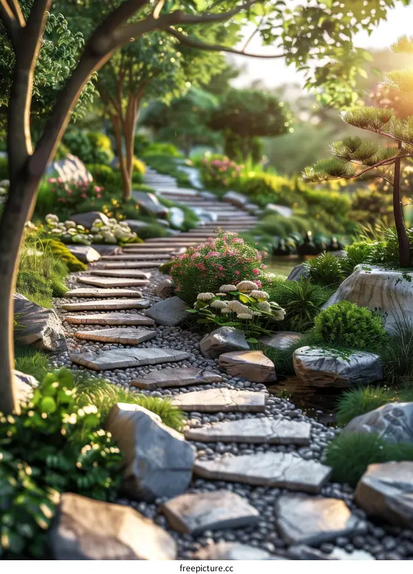 Stone path through a lush green garden with a small pond