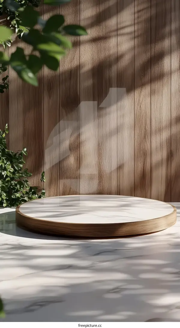 Empty Marble Podium Display with Wooden Frame in Nature Background