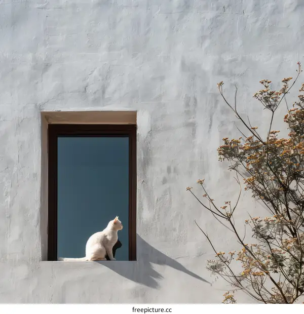 A white cat is sitting on a ledge next to a window
