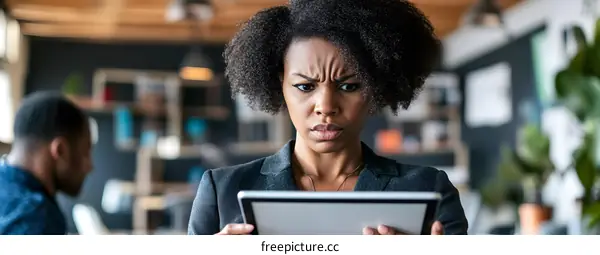 African American Businesswoman Looking at Tablet with a Confused Expression