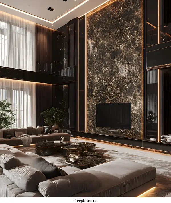 Modern Interior Design with Marble Wall and Black Accents