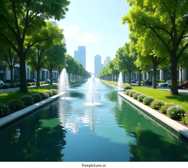 Modern Urban Canal with Fountains and Lush Landscaping