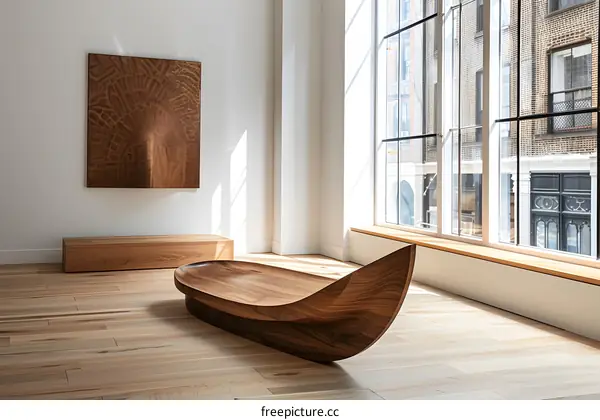 Modern Wood Sculpture in White Room with Big Window