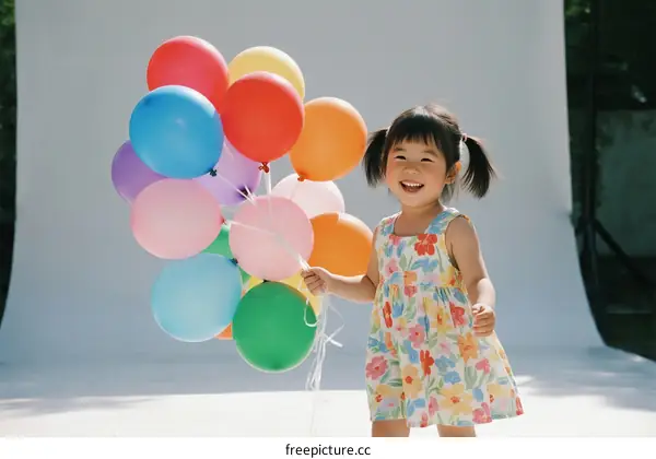Little girl holding colorful balloons with a joyful expression