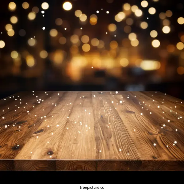 brown wooden table with a blurred background of bokeh lights