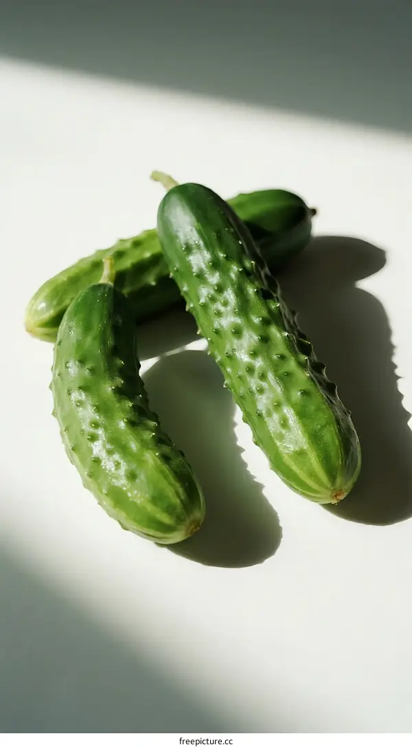 Fresh green cucumbers on white background with natural light