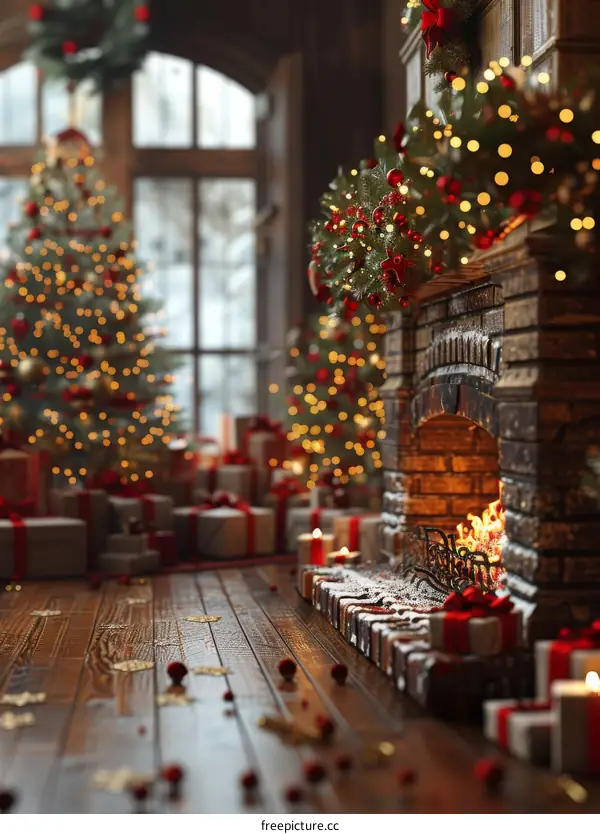 Cozy Christmas Living Room with Decorated Tree and Fireplace