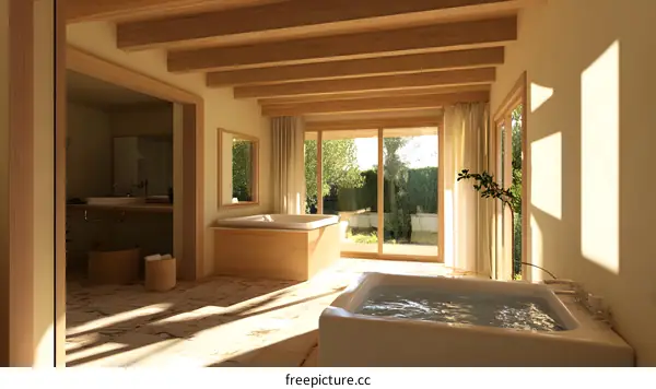 Modern Bathroom with Wooden Beams and Natural Light