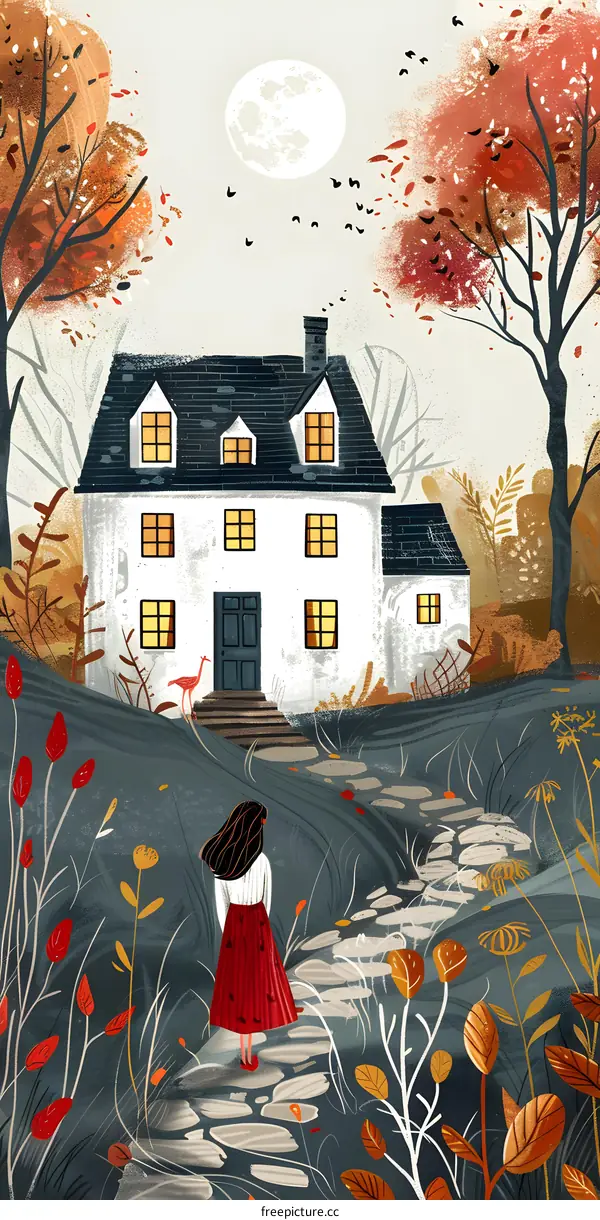 girl in red dress walking towards house in woods