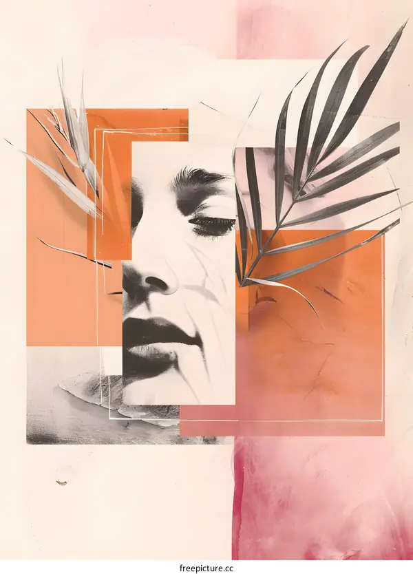 Collage Art with Woman Face and Tropical Leaves