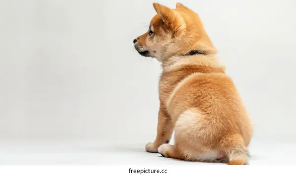A cute Shiba Inu puppy sits with its back to the camera
