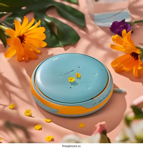 Blue and Yellow Smart Home Device with Flowers