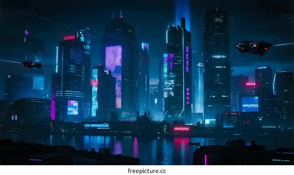 Futuristic Cityscape with Holographic Lights and Flying Vehicles