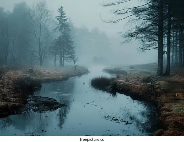 A river flows through a foggy forest