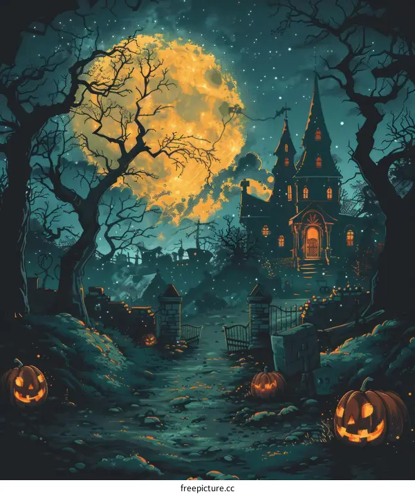 A spooky illustration of a haunted house with pumpkins and a full moon