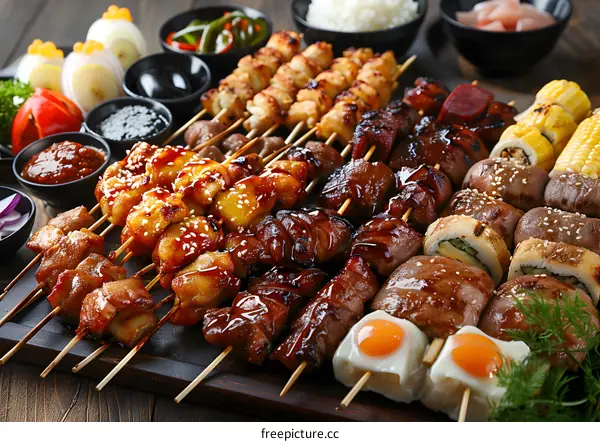 Various kinds of delicious grilled meat skewers