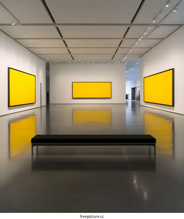 Minimalist Gallery Interior with Yellow Paintings and a Black Bench