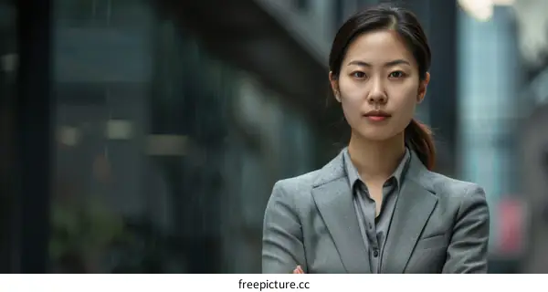 A young Asian businesswoman standing in front of an office building