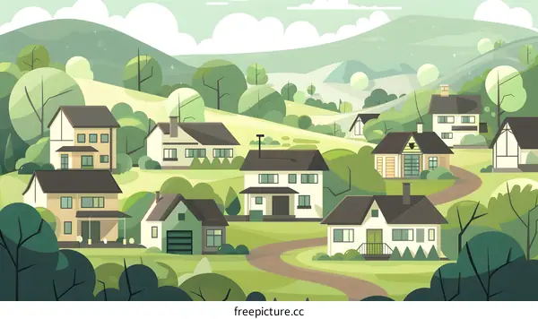 Cartoon Illustration of a Green Hilltop Village with Houses