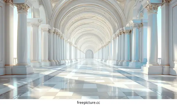 Long empty white marble hallway with columns