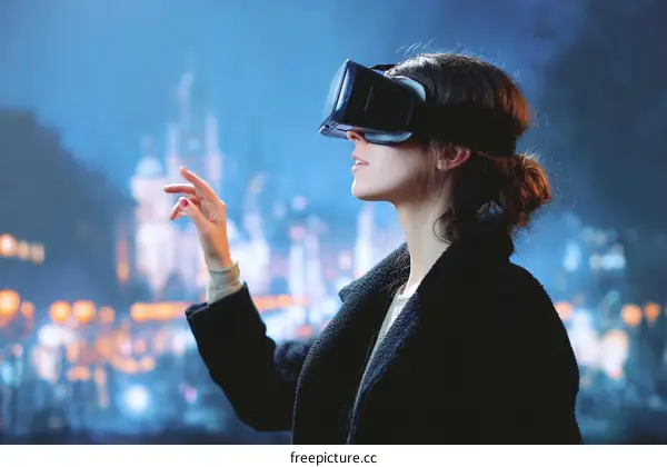 Woman Experiencing Virtual Reality at Night
