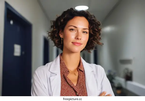 Confident female doctor in a hospital hallway