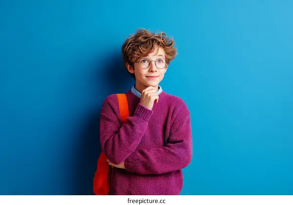 Thoughtful Boy in Purple Sweater against Blue Background