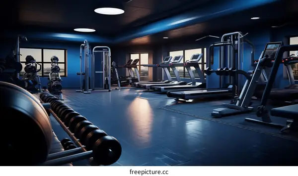 Blue modern gym interior with exercise machines and weights