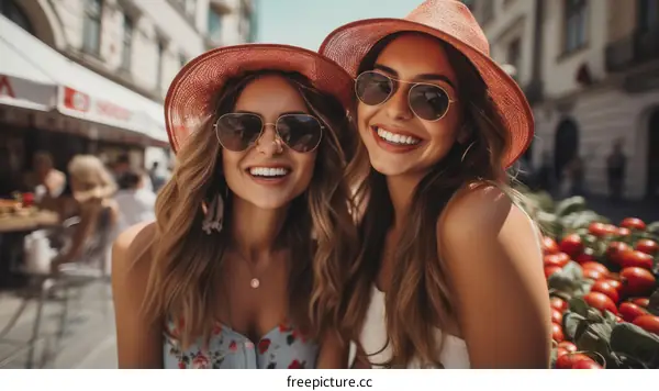 Two young women wearing sunglasses and hats are smiling.