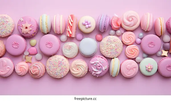 A delectable array of French macarons on a pink background.