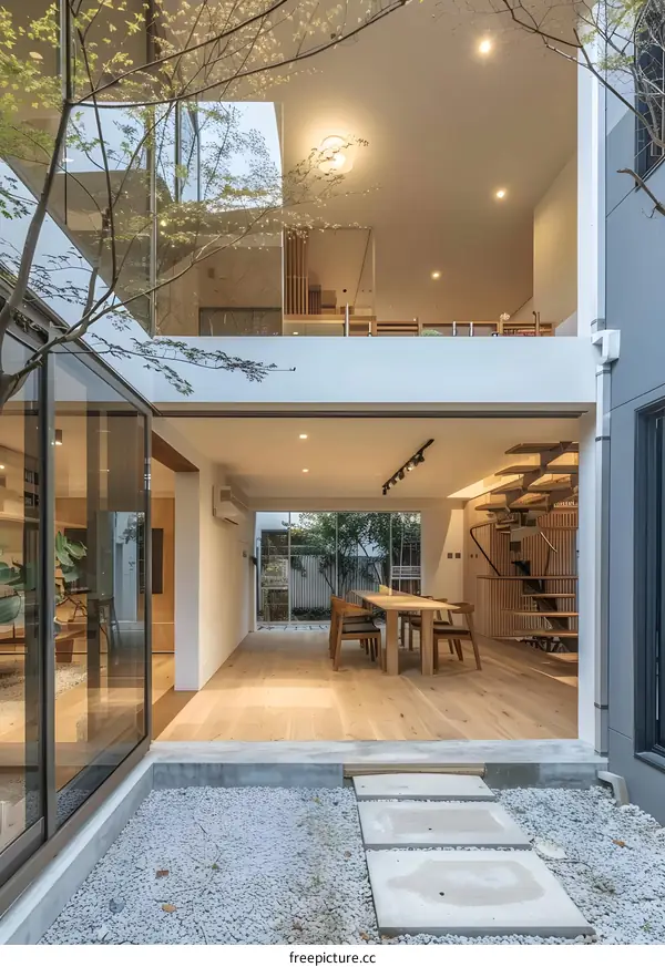 Modern Minimalist House Design With Wooden Staircase