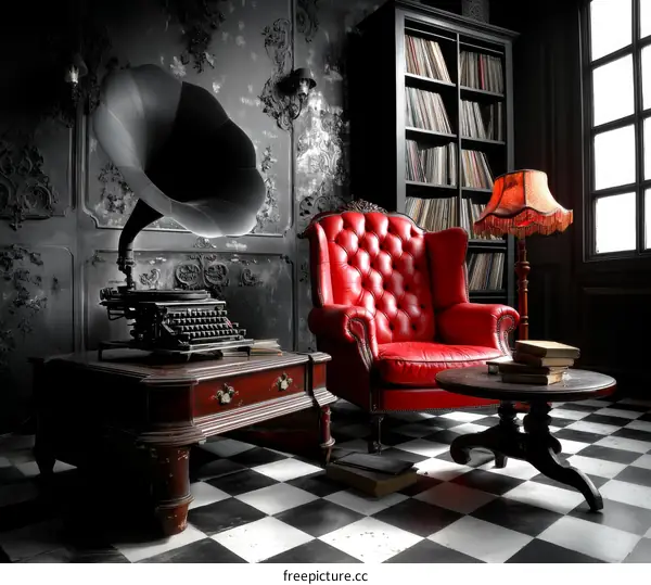 Vintage Red Leather Armchair in a Dark Room