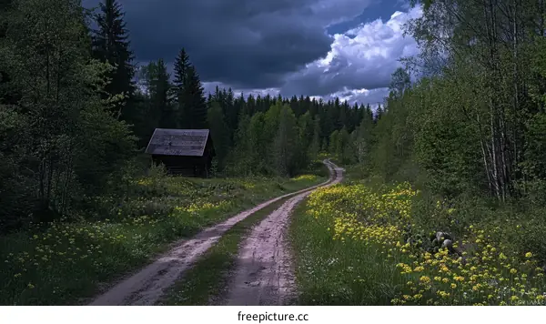 Forest Path Under Cloudy Sky with Wooden Cabin