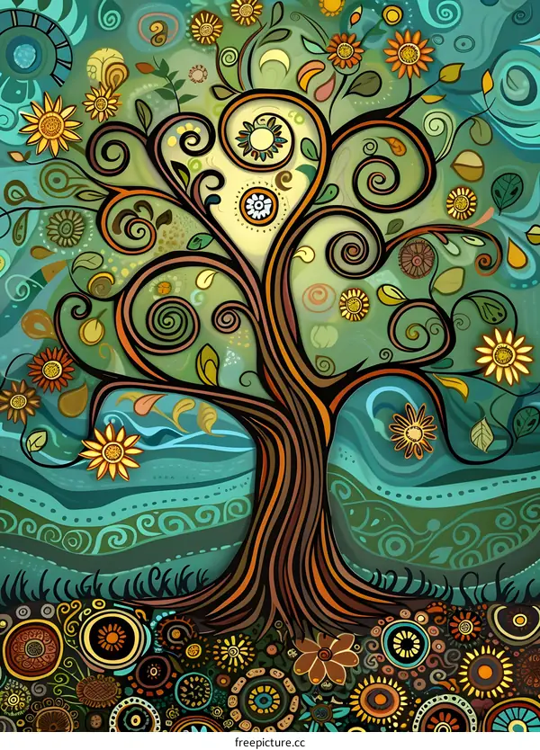 Abstract Tree with Swirls and Flowers