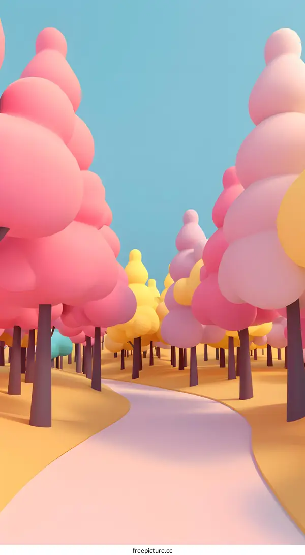 Cartoon 3D Illustration of Pink and Yellow Trees with a Winding Path in a Forest