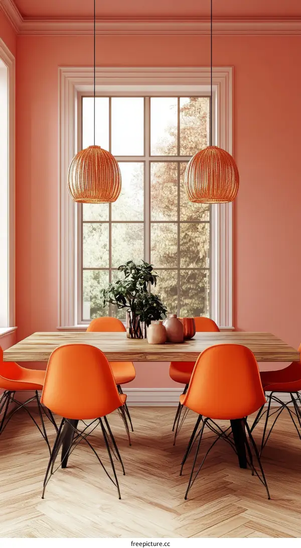 Modern Dining Room with Orange Chairs and Warm Lighting