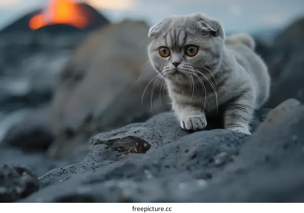 Cat on a rock in front of a volcano