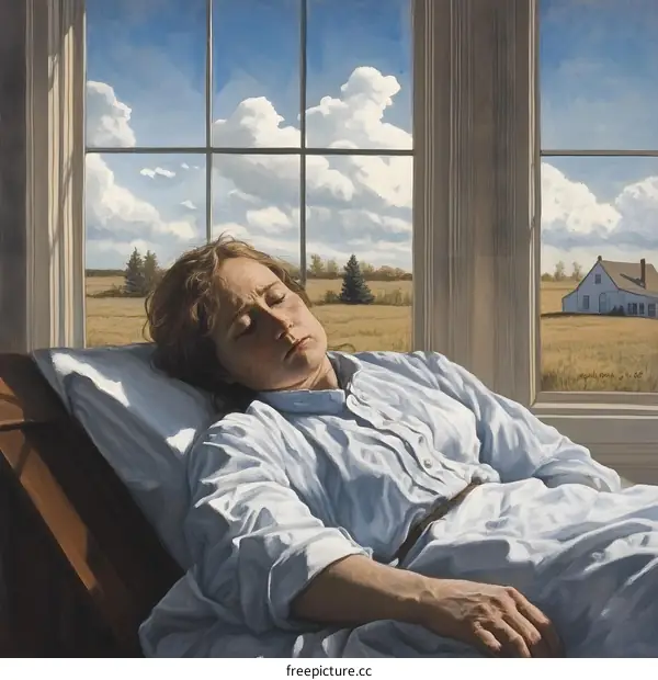 Woman Sleeping in a Hospital Bed Looking Out a Window