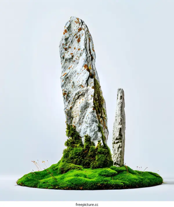 Tall Stone Standing On Green Moss