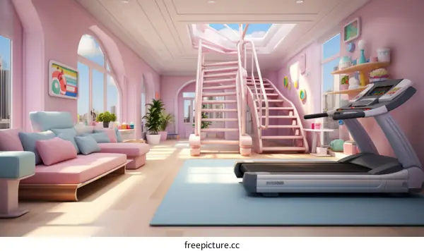 pink home gym with city view
