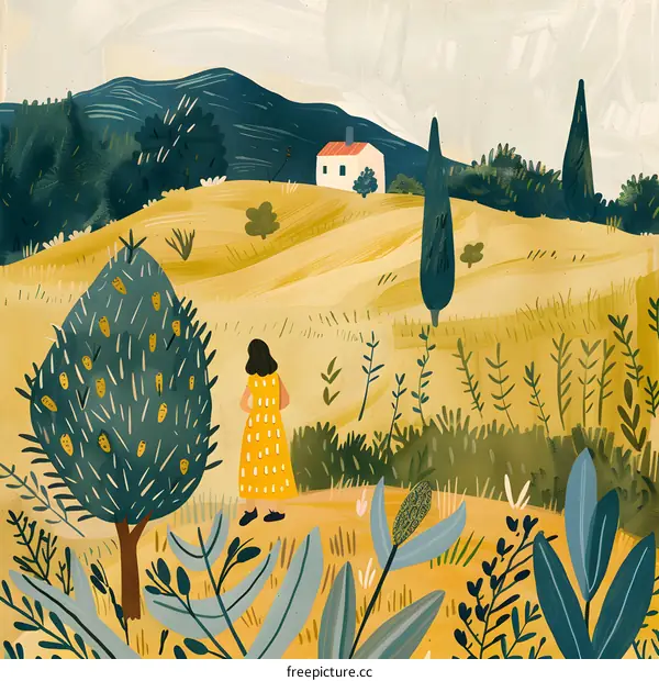 Woman in Yellow Dress Looking at a House on the Hill