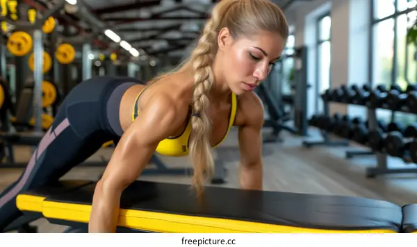 Muscular blonde woman in yellow sports bra and black leggings doing dumbbell chest press exercise on bench in gym