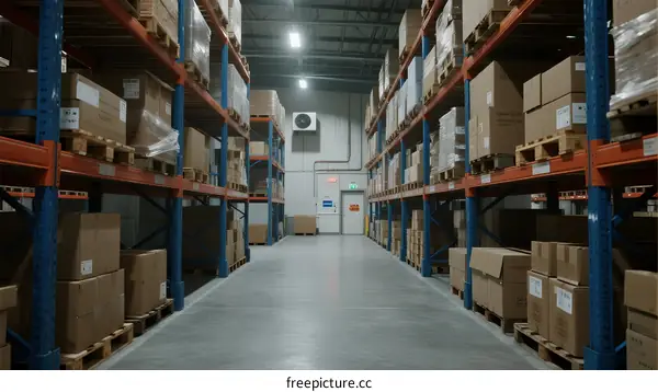 Well-organized warehouse with neatly arranged shelves full of boxes