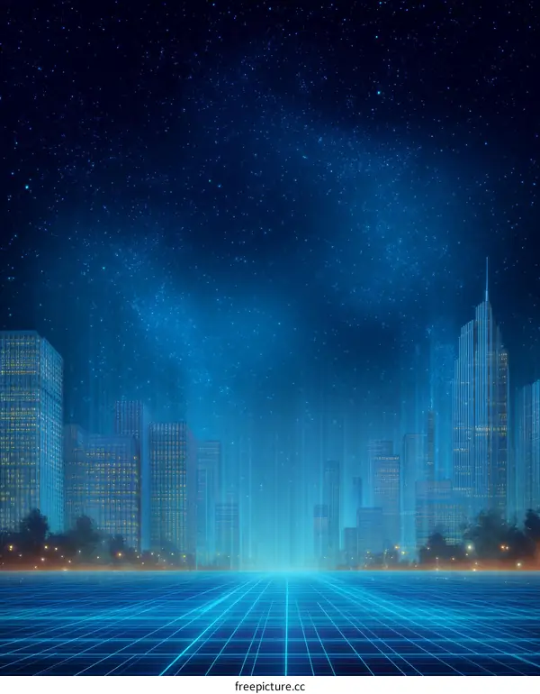 Futuristic Night Cityscape with Digital Grid