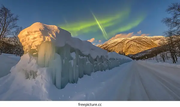 Snow Covered Road with Ice Formations and Northern Lights