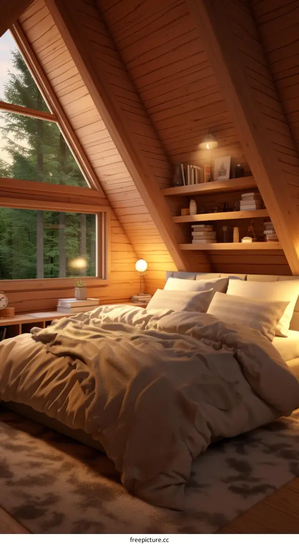 Modern Cabin Bedroom with Forest Views