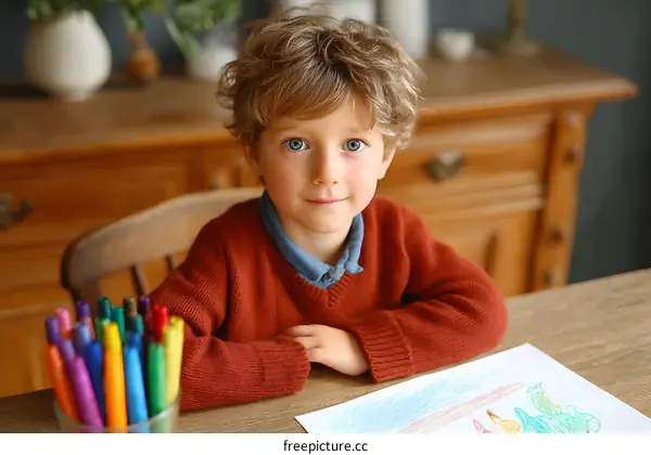 Young Boy Drawing Colorful Creatures